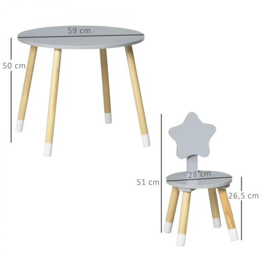 Juego de Mesa y 2 Sillas de Madera para Niños Mesa Redonda Ø59x50 cm y Sillas Ø28x51 cm Muebles Infantiles Gris [1]