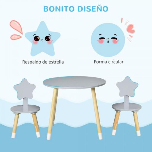 Juego de Mesa y 2 Sillas de Madera para Niños Mesa Redonda Ø59x50 cm y Sillas Ø28x51 cm Muebles Infantiles Gris [2]