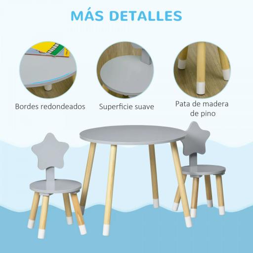 Juego de Mesa y 2 Sillas de Madera para Niños Mesa Redonda Ø59x50 cm y Sillas Ø28x51 cm Muebles Infantiles Gris [3]