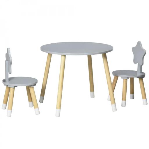 Juego de Mesa y 2 Sillas de Madera para Niños Mesa Redonda Ø59x50 cm y Sillas Ø28x51 cm Muebles Infantiles Gris [8]