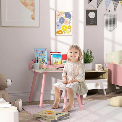 Mesa Infantil con Silla y Estante para Libros Escritorio para Niños de +3 Años para Sala de Juegos Rosa