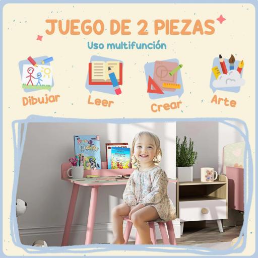 Mesa Infantil con Silla y Estante para Libros Escritorio para Niños de +3 Años para Sala de Juegos Rosa [1]