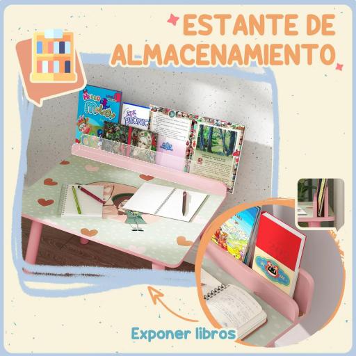 Mesa Infantil con Silla y Estante para Libros Escritorio para Niños de +3 Años para Sala de Juegos Rosa [3]