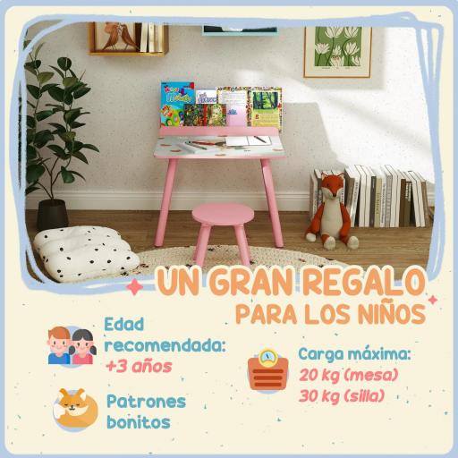Mesa Infantil con Silla y Estante para Libros Escritorio para Niños de +3 Años para Sala de Juegos Rosa [2]