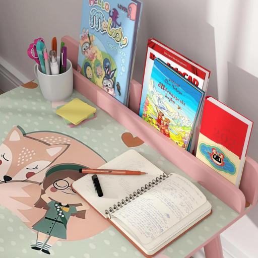 Mesa Infantil con Silla y Estante para Libros Escritorio para Niños de +3 Años para Sala de Juegos Rosa [4]