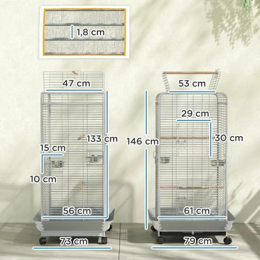 Jaula para Loros con Ruedas Perchas Comederos y Bandeja Extraíble Pajarera para Cacatúas Cotorras 79x73x146cm Gris Claro [1]