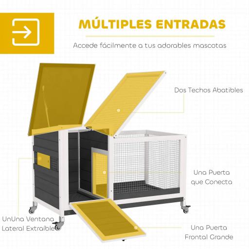 Jaula para Conejos con Techo Asfáltico Abatible Bandeja Extraíble y Ruedas 91x51x66 cm Blanco y Gris Oscuro [4]