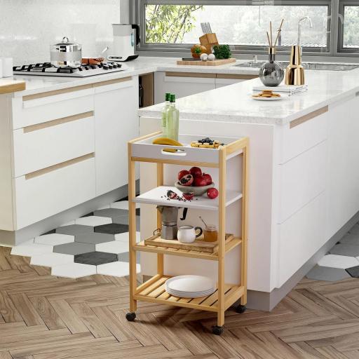 Carrito de Cocina de 4 Niveles Carrito Verdulero Carro Multiusos con 2 Bandejas Extraíblse y Estante 40x30x76 cm Blanco