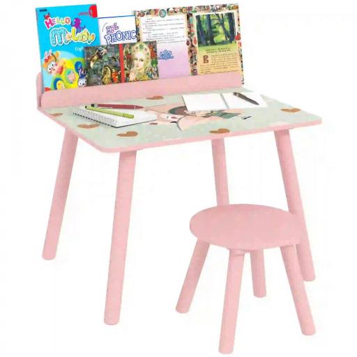 Mesa Infantil con Silla y Estante para Libros Escritorio para Niños de +3 Años para Sala de Juegos Rosa [7]