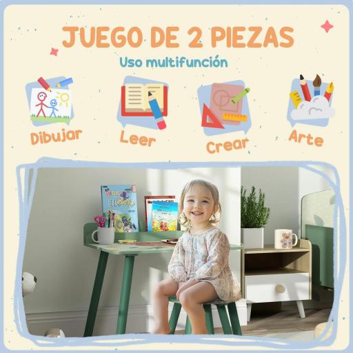 Mesa Infantil con Silla y Estante para Libros Escritorio para Niños de +3 Años para Sala de Juegos Verde [1]
