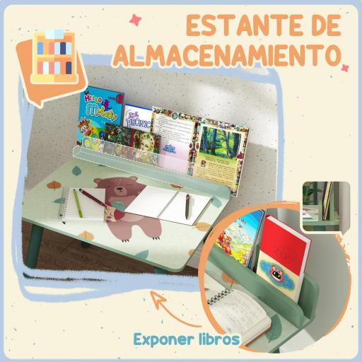 Mesa Infantil con Silla y Estante para Libros Escritorio para Niños de +3 Años para Sala de Juegos Verde [7]