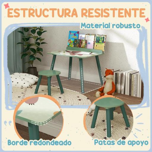 Mesa Infantil con Silla y Estante para Libros Escritorio para Niños de +3 Años para Sala de Juegos Verde [3]