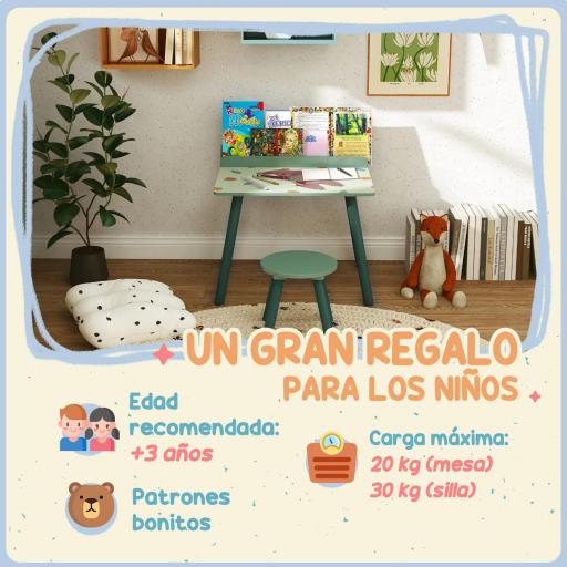 Mesa Infantil con Silla y Estante para Libros Escritorio para Niños de +3 Años para Sala de Juegos Verde [6]