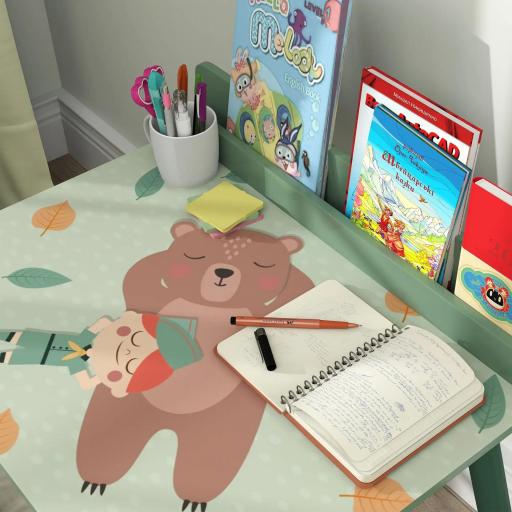 Mesa Infantil con Silla y Estante para Libros Escritorio para Niños de +3 Años para Sala de Juegos Verde [2]