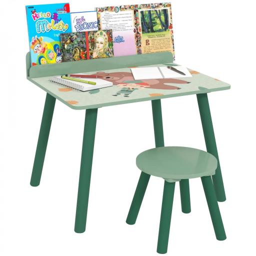 Mesa Infantil con Silla y Estante para Libros Escritorio para Niños de +3 Años para Sala de Juegos Verde [10]