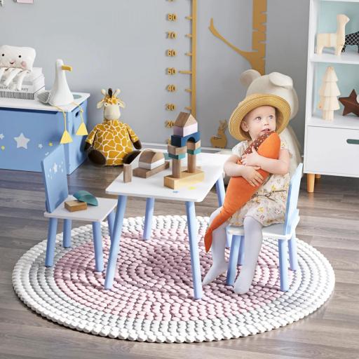Mesa con Sillas para Niños de 2-4 Años de Madera Mesa 60x40x43 cm y Sillas para Dormitorio 28x26x48 cm Blanco y Azul