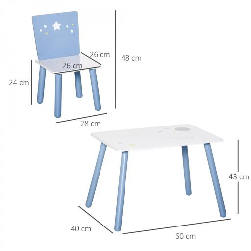 Mesa con Sillas para Niños de 2-4 Años de Madera Mesa 60x40x43 cm y Sillas para Dormitorio 28x26x48 cm Blanco y Azul [2]