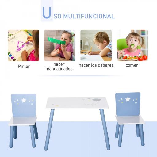 Mesa con Sillas para Niños de 2-4 Años de Madera Mesa 60x40x43 cm y Sillas para Dormitorio 28x26x48 cm Blanco y Azul [3]