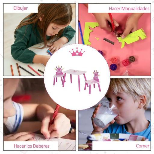 Juego de Mesa y 2 Sillas Infantiles de Madera Set de Mesa 55x34x42 cm Sillas 28x26x50 cm para Niños de 2-4 Años para Dormitorio Color Rosa [2]