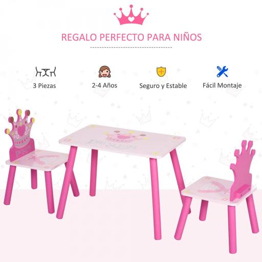 Juego de Mesa y 2 Sillas Infantiles de Madera Set de Mesa 55x34x42 cm Sillas 28x26x50 cm para Niños de 2-4 Años para Dormitorio Color Rosa [4]