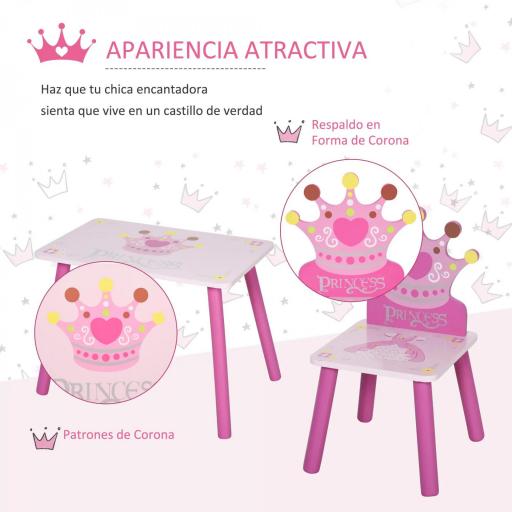 Juego de Mesa y 2 Sillas Infantiles de Madera Set de Mesa 55x34x42 cm Sillas 28x26x50 cm para Niños de 2-4 Años para Dormitorio Color Rosa [3]