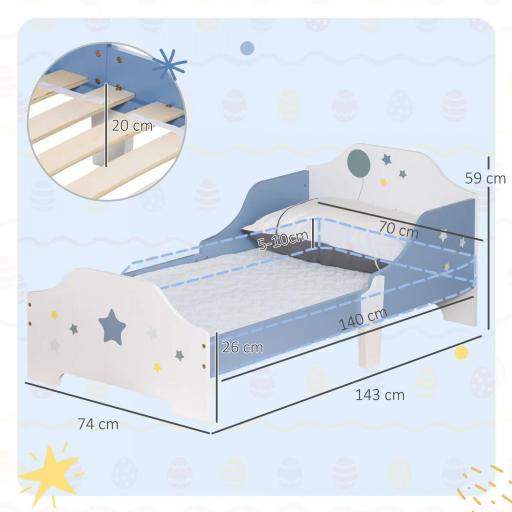 Cama para Niños de +3 Años 143x74x59 cm Cama Infantil de Madera con Estampado con Estrellas Carga 50 kg Azul y Blanco [4]