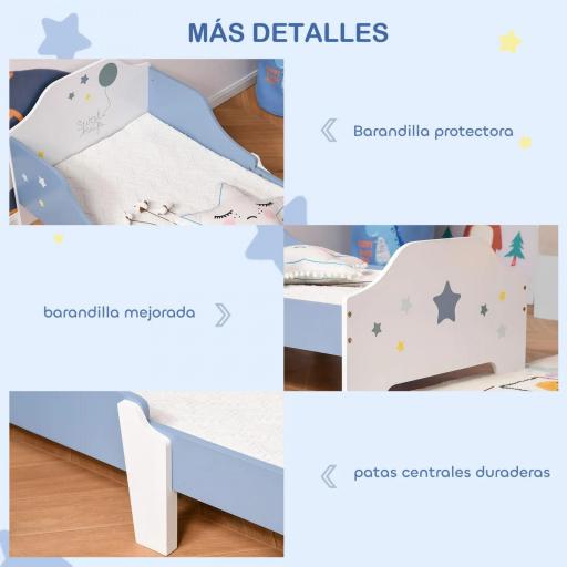 Cama para Niños de +3 Años 143x74x59 cm Cama Infantil de Madera con Estampado con Estrellas Carga 50 kg Azul y Blanco [6]