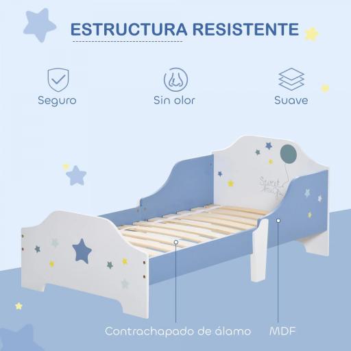Cama para Niños de +3 Años 143x74x59 cm Cama Infantil de Madera con Estampado con Estrellas Carga 50 kg Azul y Blanco [3]