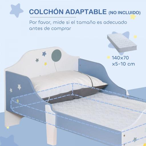 Cama para Niños de +3 Años 143x74x59 cm Cama Infantil de Madera con Estampado con Estrellas Carga 50 kg Azul y Blanco [1]