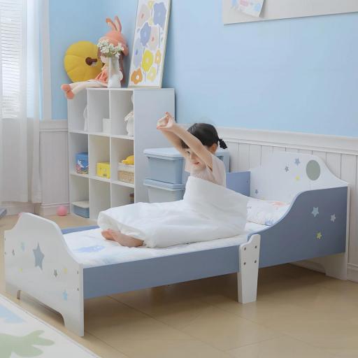 Cama para Niños de +3 Años 143x74x59 cm Cama Infantil de Madera con Estampado con Estrellas Carga 50 kg Azul y Blanco [5]