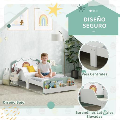 Cama infantil para Niños de +3 Años 70x140 cm de Madera con Almacenaje y Dibujo de León para Dormitorio Verde [1]