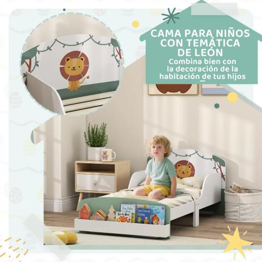 Cama infantil para Niños de +3 Años 70x140 cm de Madera con Almacenaje y Dibujo de León para Dormitorio Verde [6]