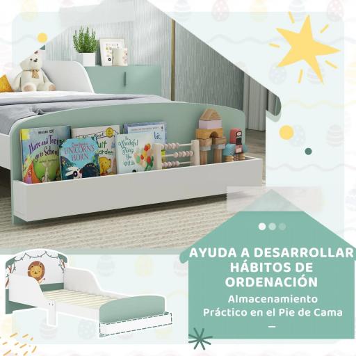 Cama infantil para Niños de +3 Años 70x140 cm de Madera con Almacenaje y Dibujo de León para Dormitorio Verde [4]