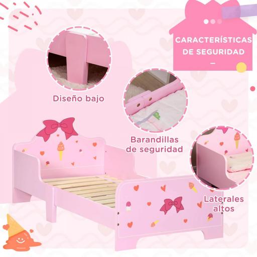 Cama Infantil para Niños de 3-6 Años Cama de Madera con Laterales de Protección Carga Máx. 80kg 143x74x59cm Rosa [3]