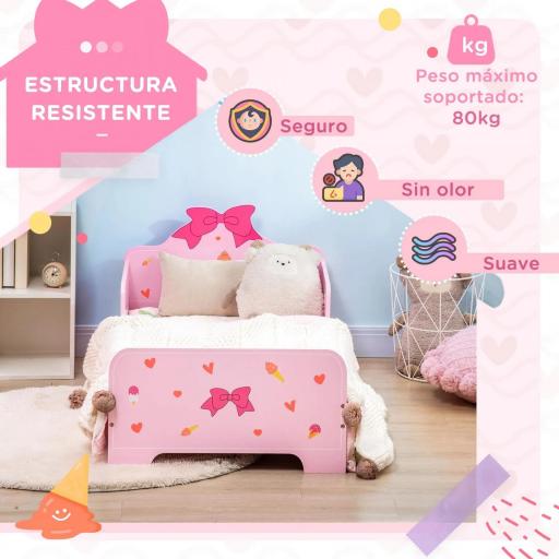 Cama Infantil para Niños de 3-6 Años Cama de Madera con Laterales de Protección Carga Máx. 80kg 143x74x59cm Rosa [6]