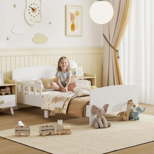 Cama infantil 70x140 cm cama para niños con barrera anticaídas y somier para niños y niñas de 3-8 años blanco