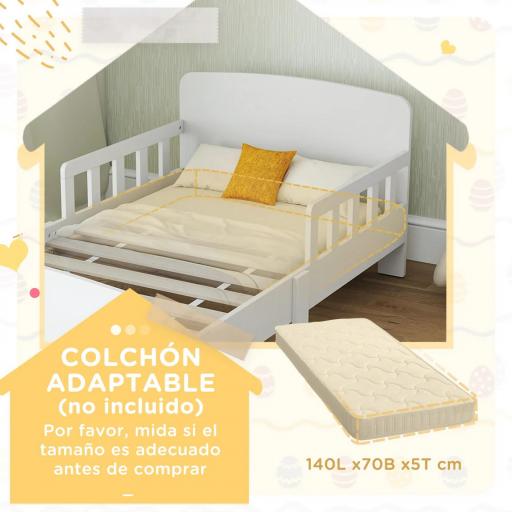 Cama infantil 70x140 cm cama para niños con barrera anticaídas y somier para niños y niñas de 3-8 años blanco [6]
