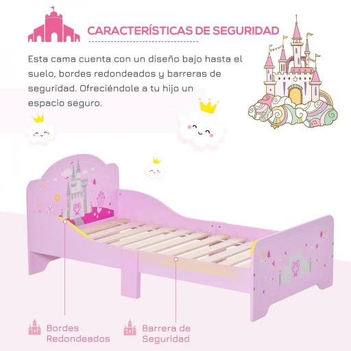 Cama Infantil para +3 Años Cama para Niños de Madera con Barreras de Protección Carga Máx. 50 kg 143x73x60 cm Rosa [2]