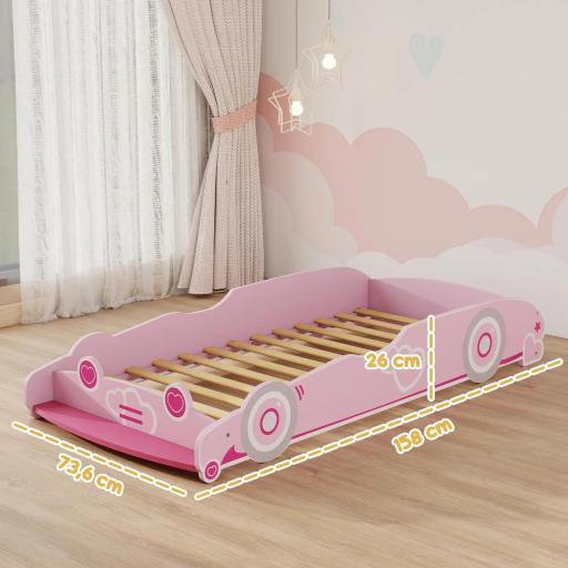 Cama Infantil 70x140 cm con Barrera Anticaídas y Somier Cabecero en Forma de Coche Rosa [2]