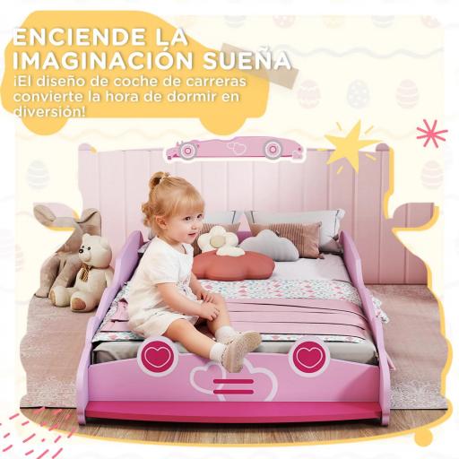 Cama Infantil 70x140 cm con Barrera Anticaídas y Somier Cabecero en Forma de Coche Rosa [5]
