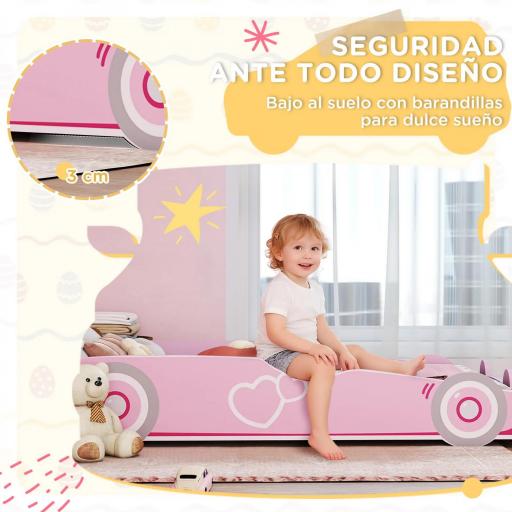 Cama Infantil 70x140 cm con Barrera Anticaídas y Somier Cabecero en Forma de Coche Rosa [3]