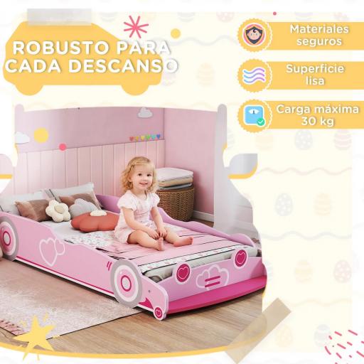 Cama Infantil 70x140 cm con Barrera Anticaídas y Somier Cabecero en Forma de Coche Rosa [7]