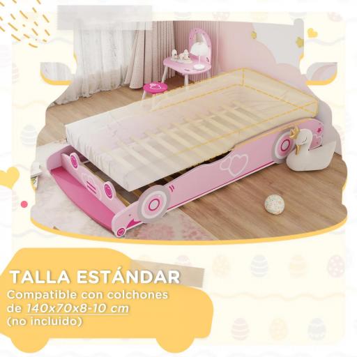 Cama Infantil 70x140 cm con Barrera Anticaídas y Somier Cabecero en Forma de Coche Rosa [4]