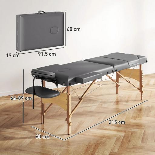 Camilla Masaje Plegable de Madera de 3 Zonas con Altura Respaldo Reposacabezas Ajustables Brazos 215x60x64-89 cm Gris [1]
