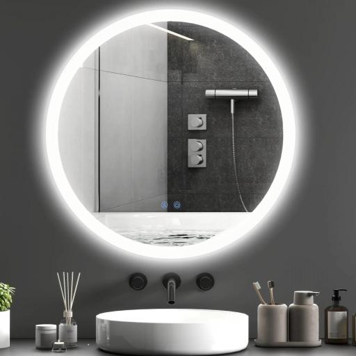 Espejo de Baño Redondo con Luces LED 70x70cm Espejo Antivaho 3 Luces de Colores Función de Memoria Interruptor Táctil