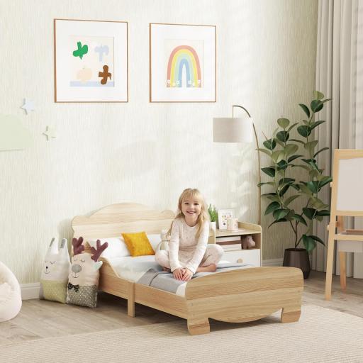 Cama Infantil de Madera con Barandillas y Diseño de Oso Estructura Baja para Niños de 3-6 Años 143,5x80x55 cm Natural
