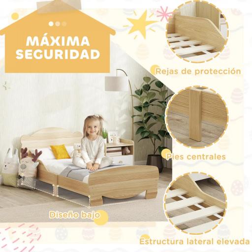 Cama Infantil de Madera con Barandillas y Diseño de Oso Estructura Baja para Niños de 3-6 Años 143,5x80x55 cm Natural [2]