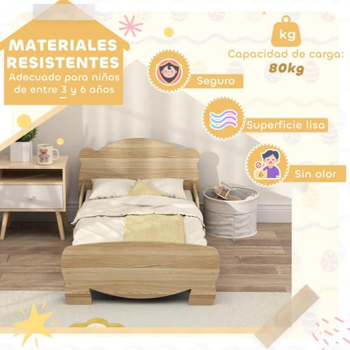 Cama Infantil de Madera con Barandillas y Diseño de Oso Estructura Baja para Niños de 3-6 Años 143,5x80x55 cm Natural [4]