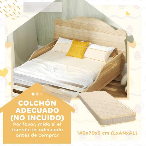 Cama Infantil de Madera con Barandillas y Diseño de Oso Estructura Baja para Niños de 3-6 Años 143,5x80x55 cm Natural [3]
