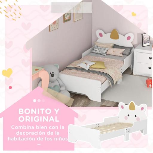 Cama Infantil de Madera 143x74x67 cm en Forma de Unicornio Mueble de Dormitorio Moderno Carga 80 kg Blanco  [6]